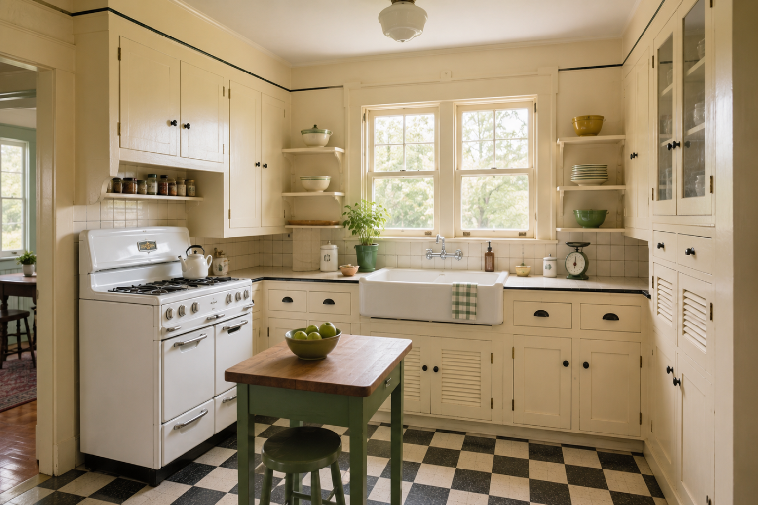 Restored 1930s kitchen with painted built-ins, enamel stove, checkerboard floor, and sink under a window.
