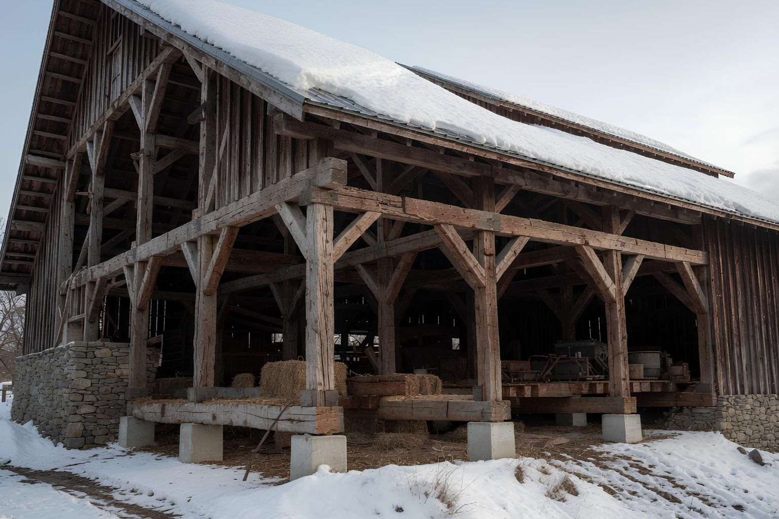 Wooden barn frame carrying roof snow load with posts, beams, braces, and foundation supports.