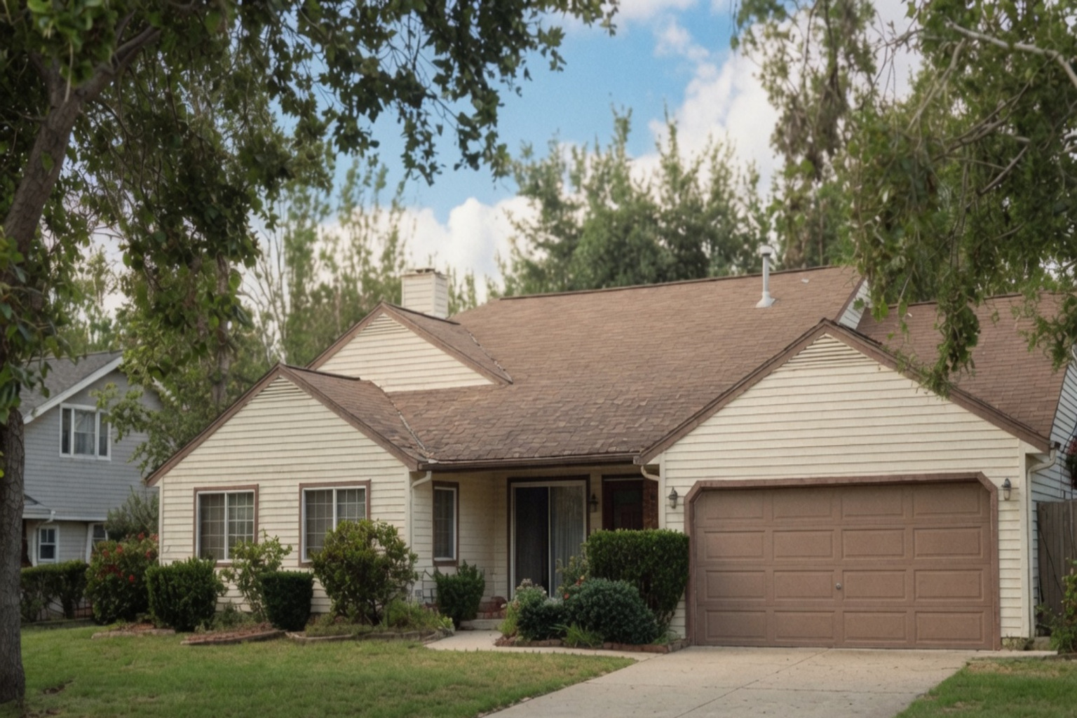 1980s suburban ranch house with cream siding, brown garage door, driveway, lawn, and shrubs.