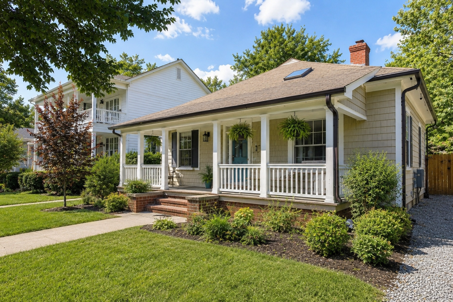 American bungalow with deep front porch, low roof, and modest front yard.