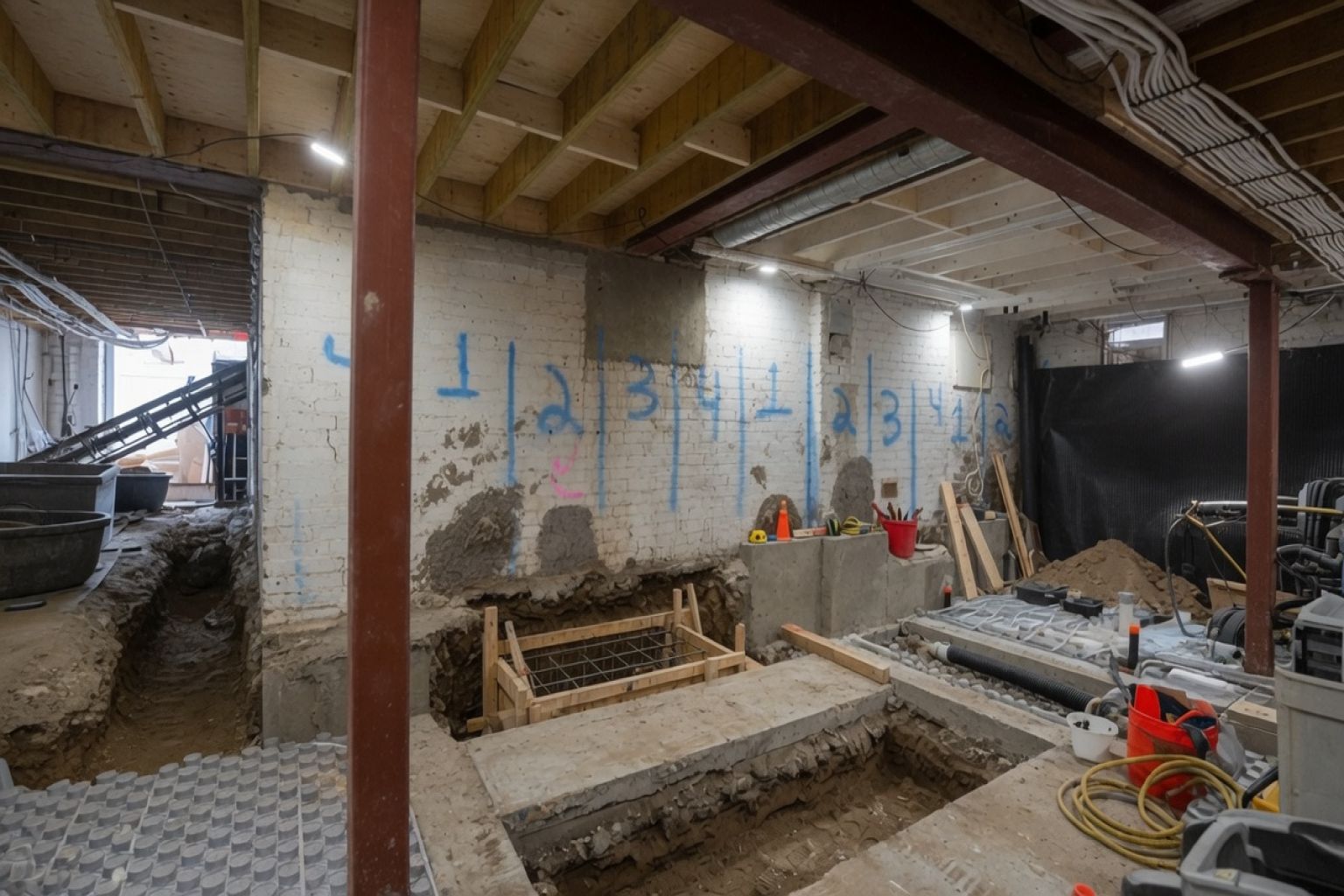 Basement underpinning and lowering project with staged excavation bays, soil removal access, exposed utilities, and new concrete support work.