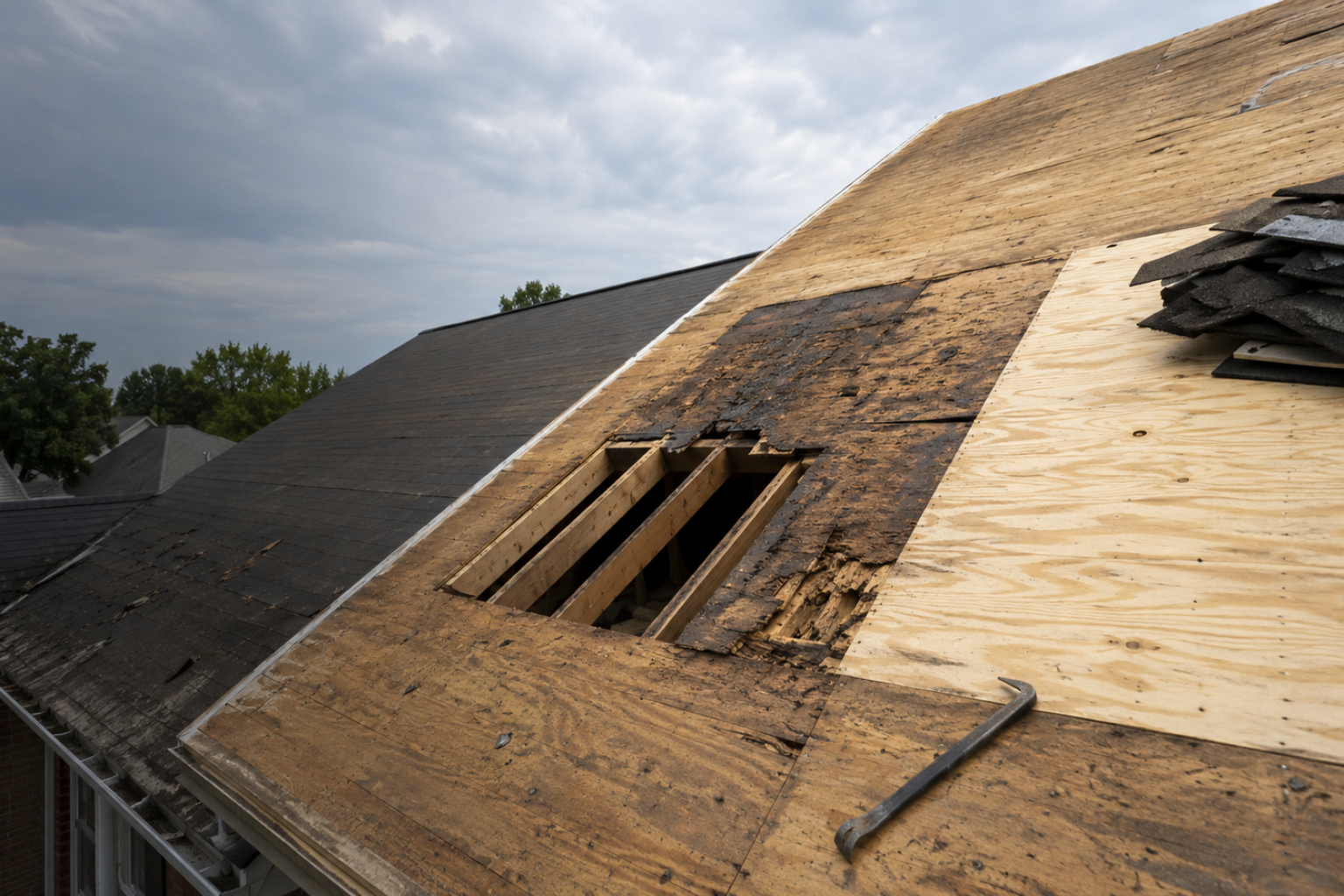 Damaged roof sheathing cut open during reroofing with new plywood installed beside it.