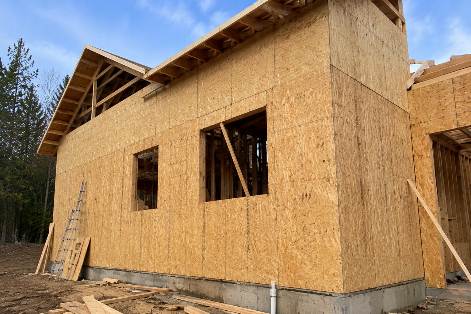 Exterior wall sheathing panels installed on wood framing before housewrap and siding.
