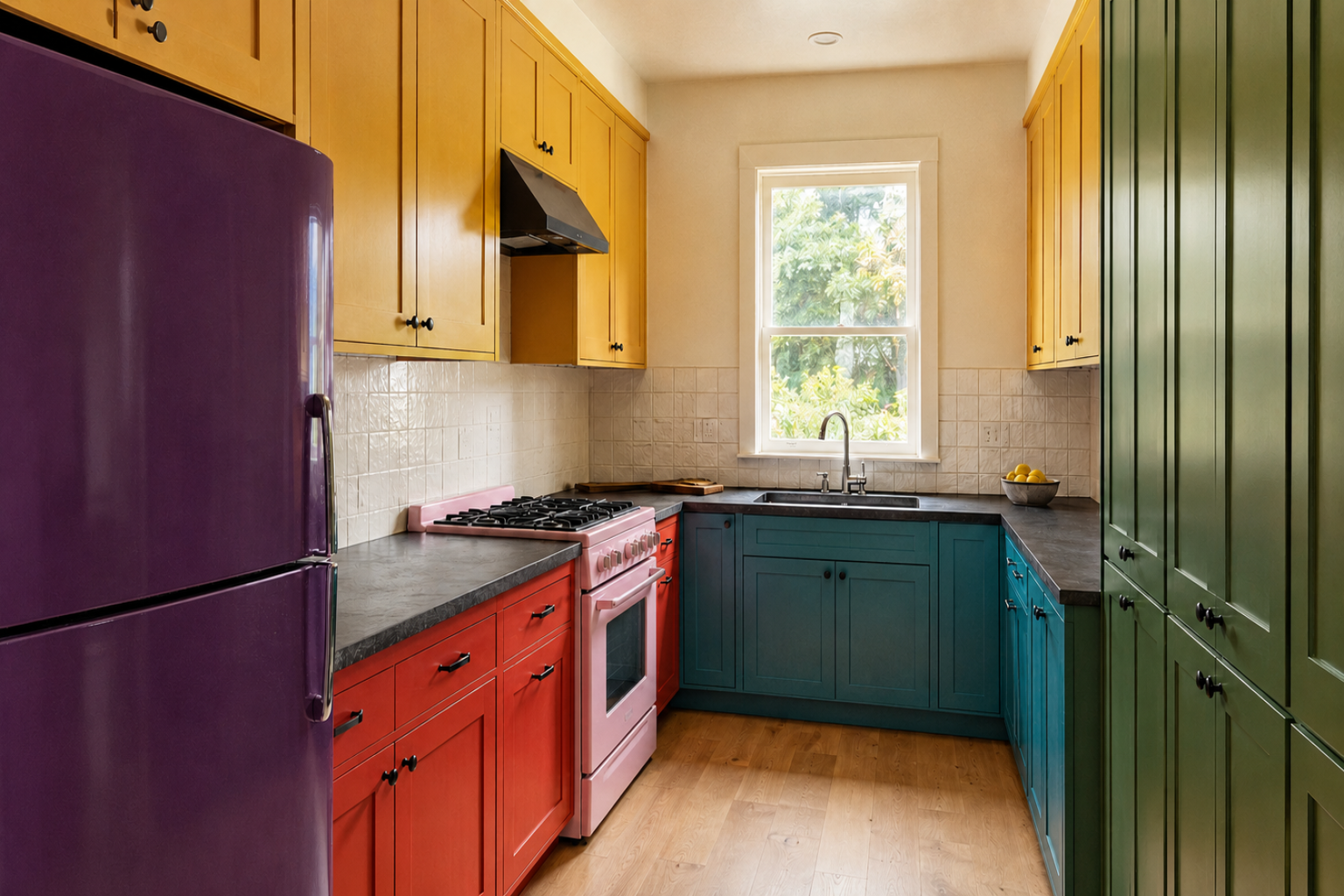Color-blocked kitchen with red, teal, yellow and green cabinets.