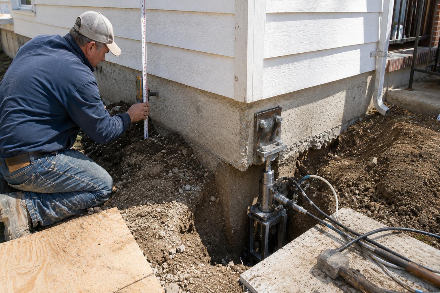 Contractor measuring elevation beside a hydraulic foundation lifting point.