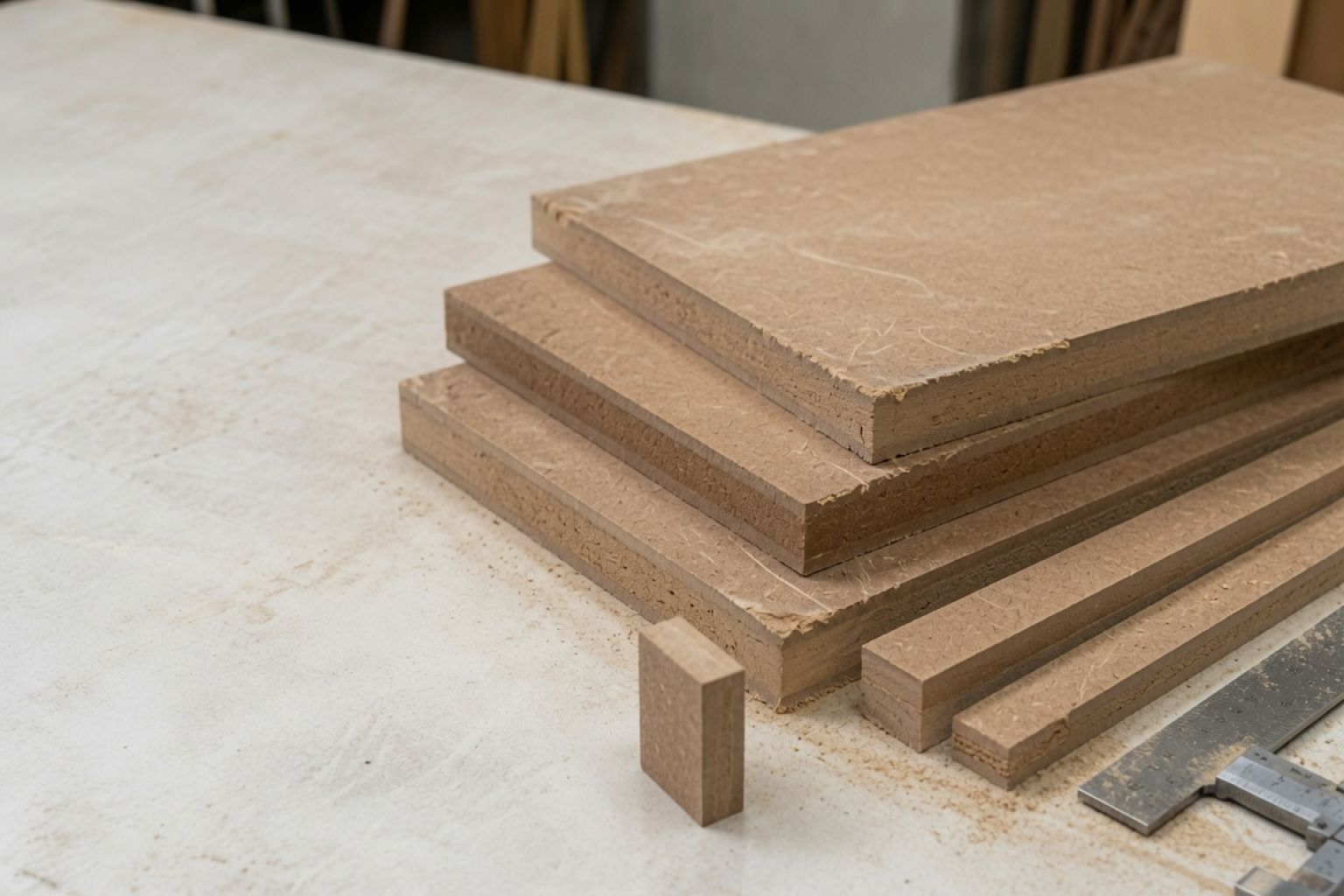 HDF board samples with smooth faces and dense brown fiber edges.