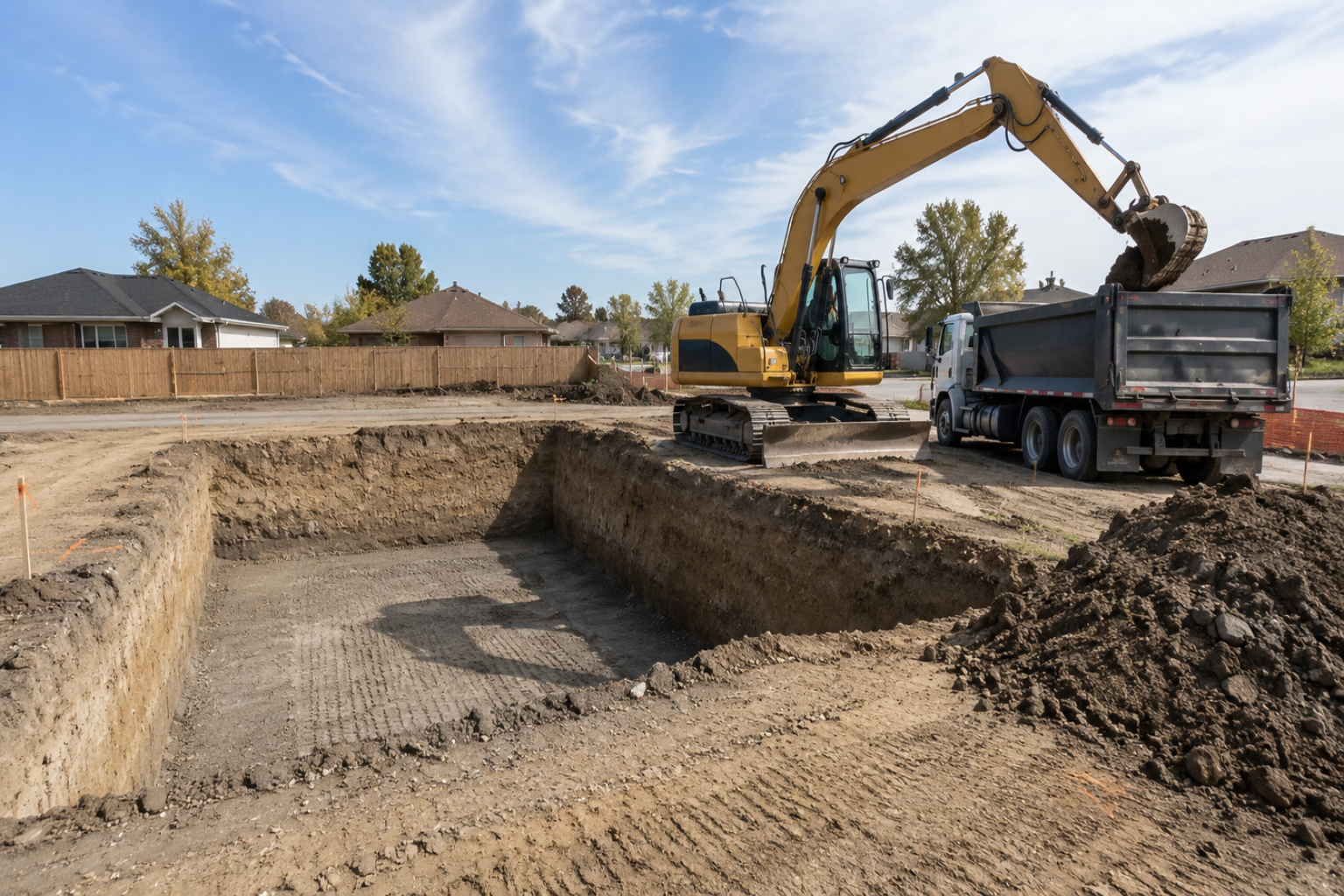 Excavator loading soil into a dump truck beside a residential foundation excavation.