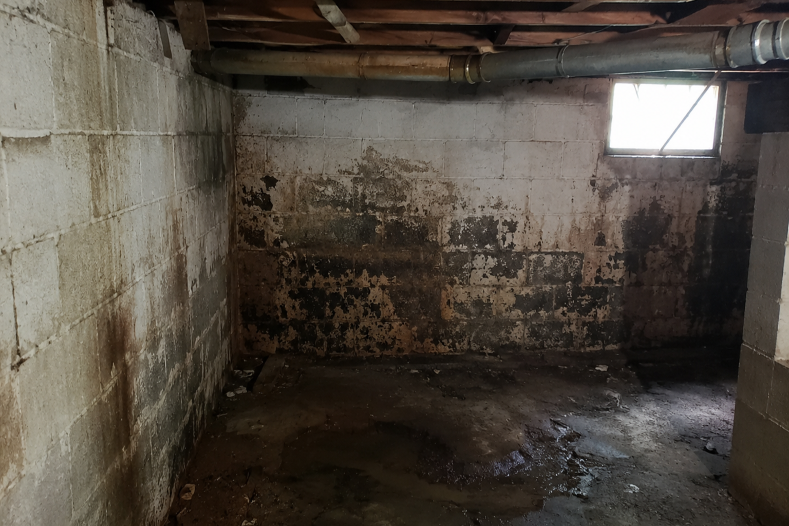 Damp basement with stained block walls, wet floor, and low wood framing.