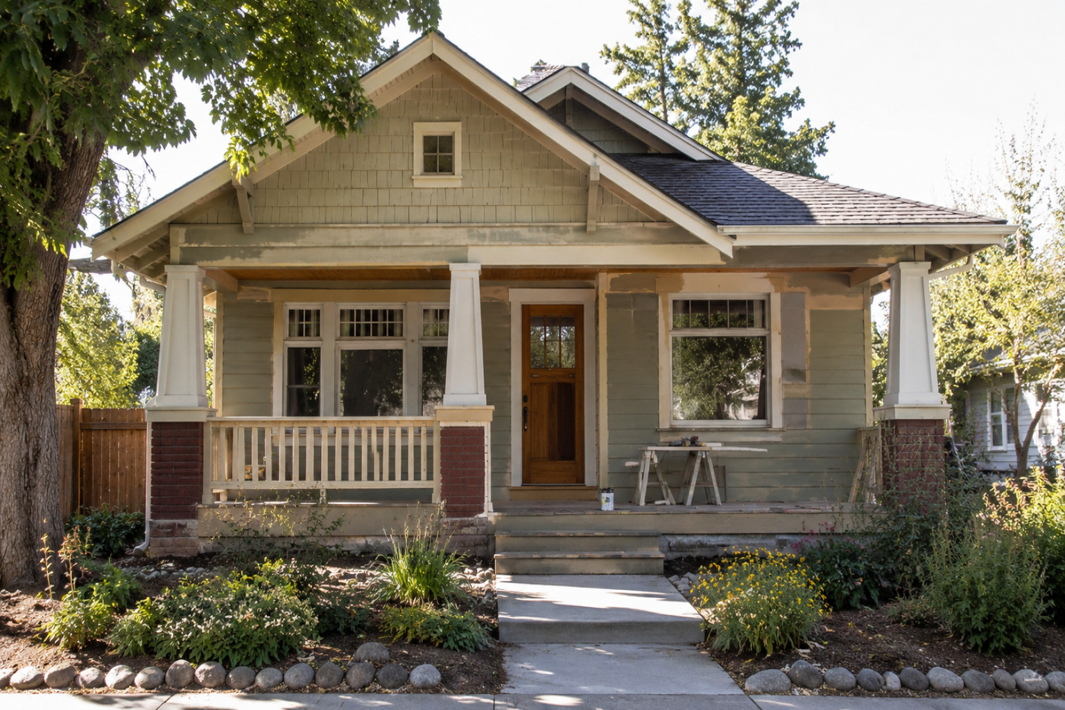 Old Craftsman house with front porch, wood trim, and early renovation work.
