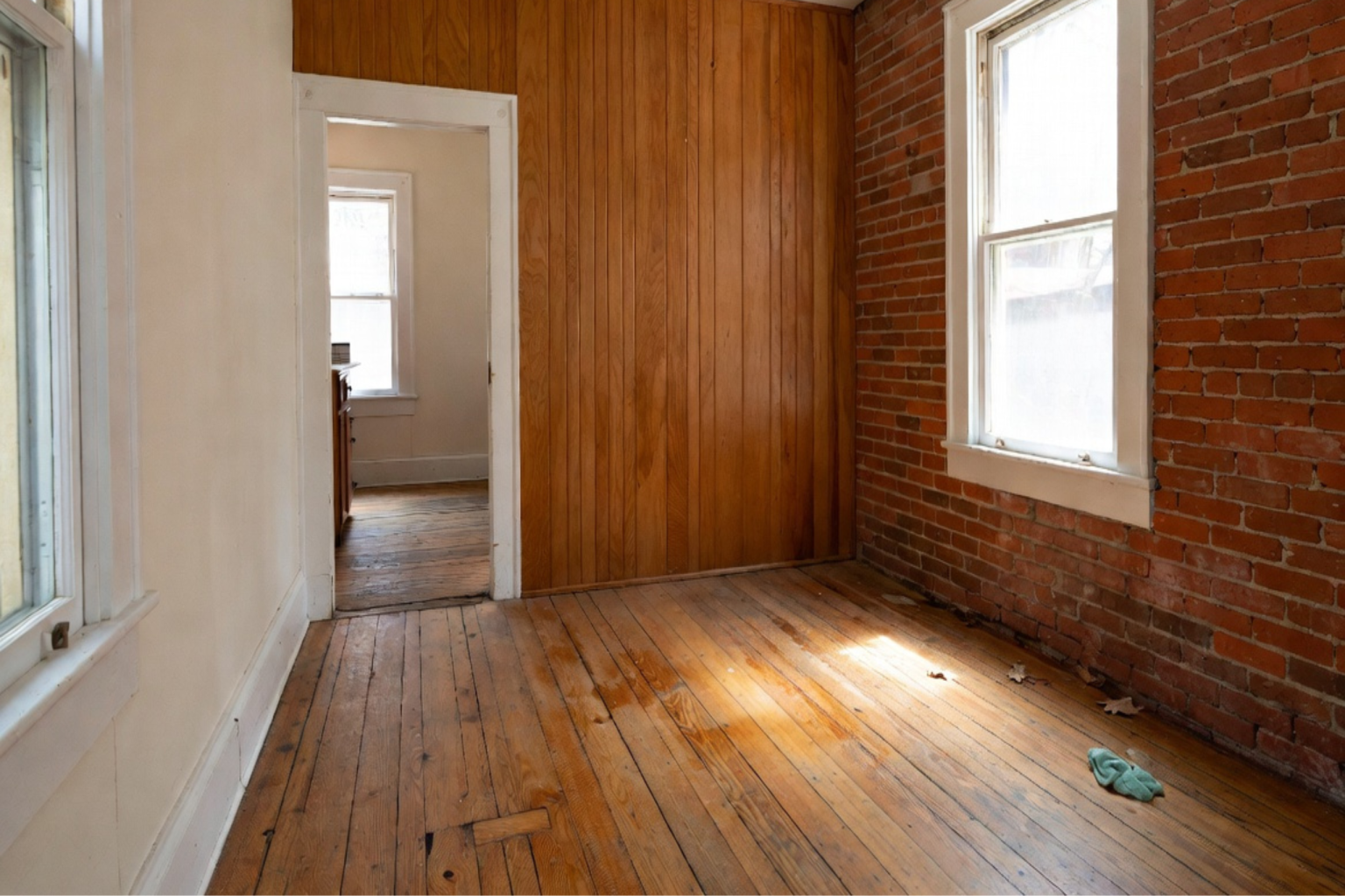 Worn hardwood floor in an old room beside exposed brick and wood paneling.
