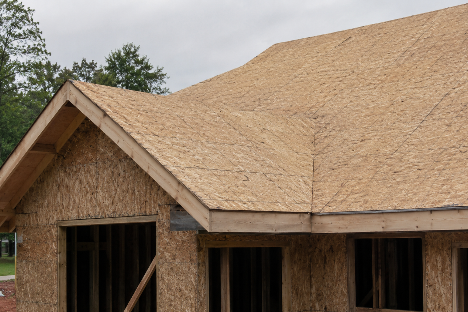 Roof sheathing panels installed over rafters before underlayment and shingles.