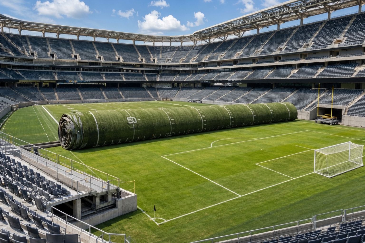 American-football field rolling away to reveal a natural-grass soccer pitch inside an existing stadium.
