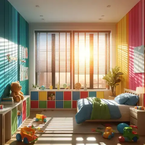 A colorful child's bedroom in the morning, with sunlight filtering in through windows that have partially raised built-in blinds