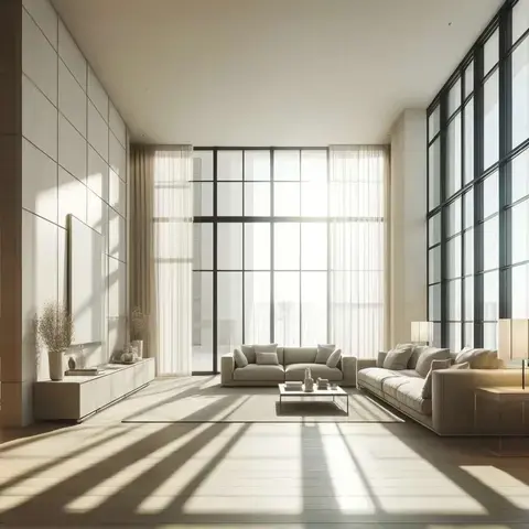 A neutral-toned contemporary living room flooded with natural light from expansive windows. Capture the serene and spacious living room