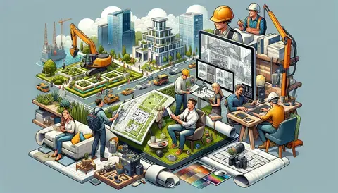 A detailed illustration showcasing a diverse range of career paths for architects beyond traditional roles