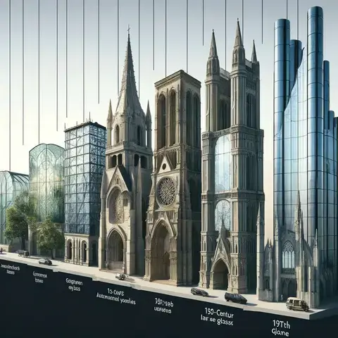 The timeline showcasing the evolution of glass in architecture from-ancient to modern times
