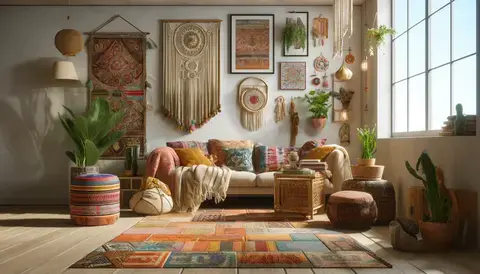 Vibrant colors, eclectic patterns, and diverse textures define this Bohemian interior, complemented by a Moroccan rug.