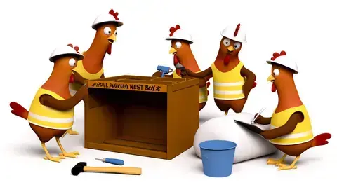 Hard-hat-wearing chickens collaborate comically on building a rollaway nest box.