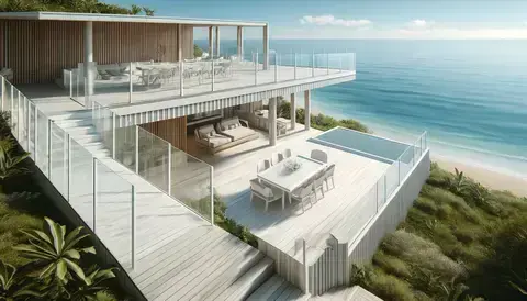 Refreshing coastal deck design with white composite decking, open spaces, and ocean views.