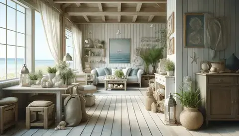 Rustic and breezy coastal elements converge in this Coastal Farmhouse interior, featuring a palette of blues, greens, and neutrals.