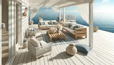 A coastal-inspired deck with white composite decking, complemented by natural wood or wicker furniture.