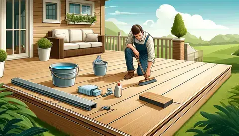 Depicts upkeep of composite decking, with a person cleaning or repairing the surface for durability.