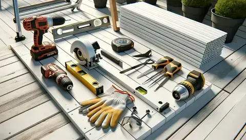 Tools for deck installation, including circular saw, drill, tape measure, level, and safety gear like gloves.