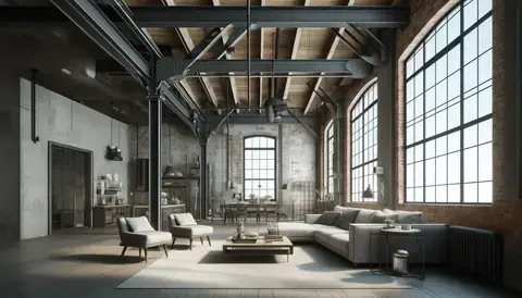 Exposed steel beams, brick walls, and raw materials characterize this Industrial style interior, exuding an atmosphere of urban sophistication.