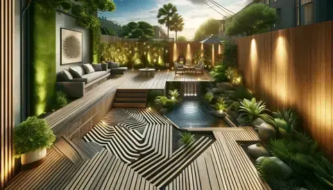Unconventional yard design featuring creative use of composite decking for striking outdoor aesthetics.