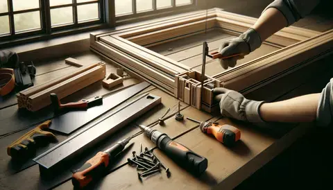 Crafting window frames on a woodworking bench.
