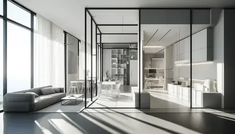 Clean lines, monochrome palette, and ample natural light characterize this minimalist interior design in a modern home.
