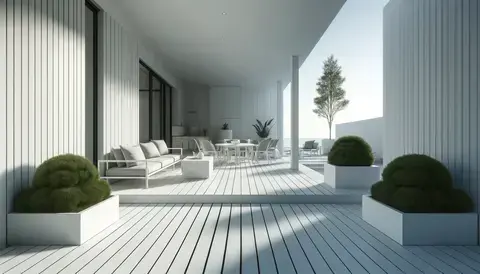 Sleek deck design with white composite decking, modern furnishings, and clean lines.