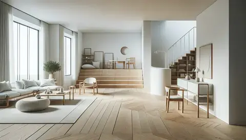 Clean lines, white walls, wooden floors, and modern furniture define this Scandinavian home design, embodying minimalist elegance.