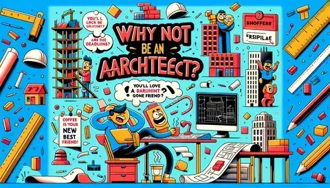 Depicts architects constructing whimsical structures amidst laughter