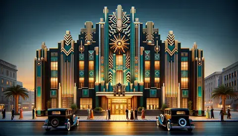 Wide image of 1920s Art Deco architecture with bold geometric shapes, vibrant colors, and vintage elements.