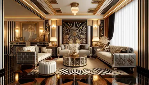 Living room with 1920s decor, featuring bold geometric patterns, rich colors, and luxurious materials.