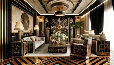 1920s interior design style luxurious living room with bold geometric patterns, a mix of black.