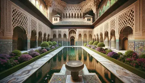 Alhambra palace with lush gardens and intricate Moorish tile work.