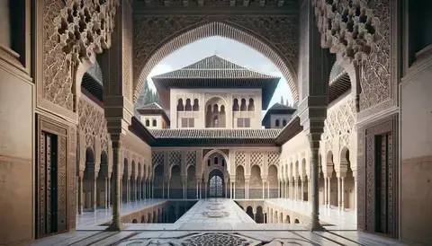 View of the Alhambra Palace's arabesque architecture.