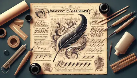 Detailed illustration of calligraphy anatomy, including strokes, lines, and flourishes.
