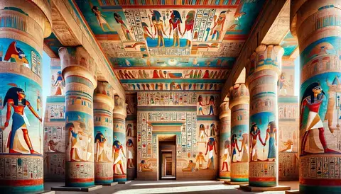 Ancient Egyptian structure with vibrant wall paintings.