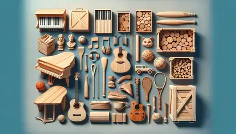 Various wood items including a guitar, piano, sculptures, crates, sports equipment, and firewood.