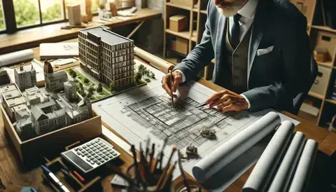 An architect meticulously checking a detailed architectural blueprint with a scale model of a building nearby in a well-organized workspace.