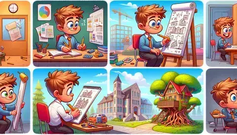 Cartoon character studying math, art, and science in high school and sketching on a college campus.