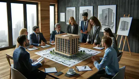 An architect presenting a design to clients with a large 3D model of a building on the table, everyone looking engaged in a modern conference room.