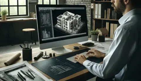 An architect working on a computer using design software like AutoCAD, with a detailed building model displayed on the screen in a modern workspace.