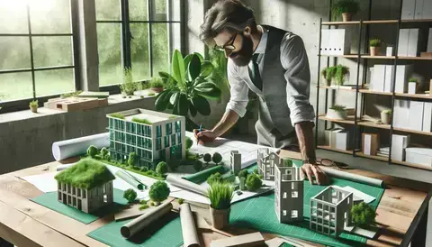 An architect working on a sustainable building design, surrounded by green materials and eco-friendly building models in a bright, eco-conscious workspace.