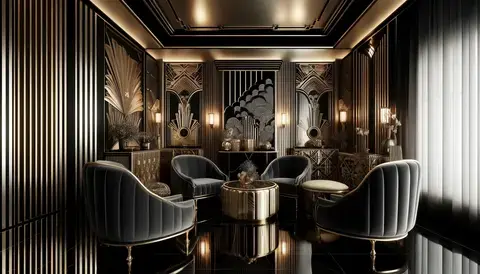 Art Deco interior with bold geometric patterns, luxurious materials, and sleek forms.