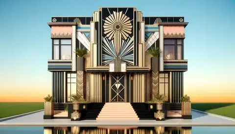 Art Deco house with geometric shapes, bold colors, and intricate decorative elements under a clear sky.
