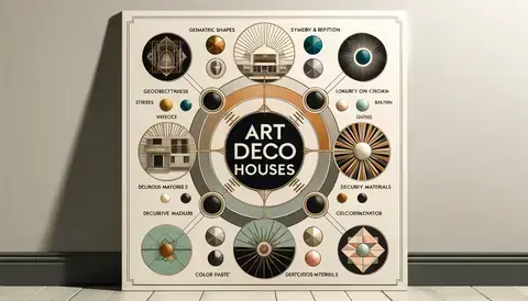 Diagram showing key characteristics of Art Deco houses with central and surrounding labeled circles.
